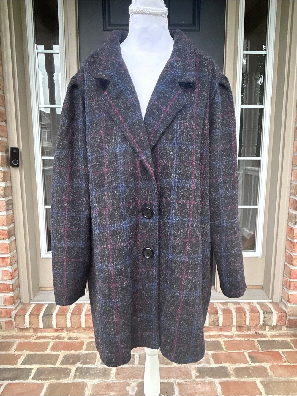 Vintage 80s Union Made Wool Coat Jacket Grey Blue Pink Windowpane Check 2X 3X 22